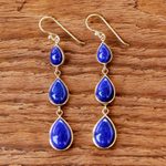 Gold plated lapis lazuli dangle earrings, 'Nectar Drops' - Gold Plated Thai Lapis Lazuli Teardrop Dangle Earrings