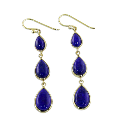 Gold plated lapis lazuli dangle earrings, 'Nectar Drops' - Gold Plated Thai Lapis Lazuli Teardrop Dangle Earrings