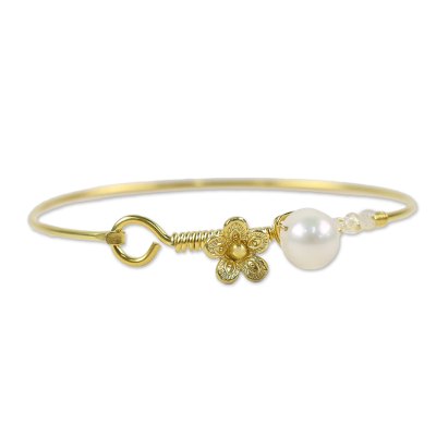 Gold plated cultured pearl and moonstone bangle bracelet, 'Precious Sea' - Cultured Pearl and Moonstone Gold Plated Floral Bracelet
