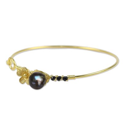 Gold plated cultured pearl and onyx bangle bracelet, 'Precious Sea' - Cultured Pearl and Onyx Gold Plated Floral Bracelet