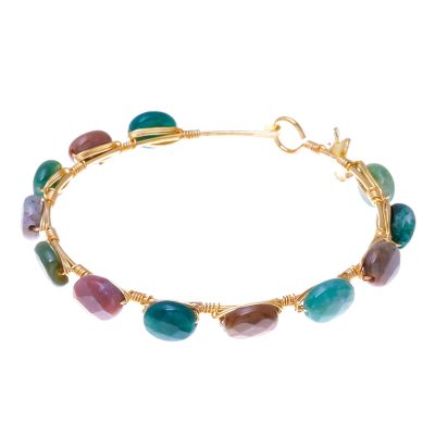 Gold plated agate bangle bracelet, 'Flower Trellis' - Agate Gold Plated Beaded Bangle Bracelet from Thailand