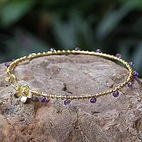 Gold plated amethyst bangle bracelet, 'Floral Berries' - Gold Plated Amethyst Floral Bangle Bracelet from Thailand