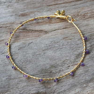 Gold plated amethyst bangle bracelet, 'Floral Berries' - Gold Plated Amethyst Floral Bangle Bracelet from Thailand