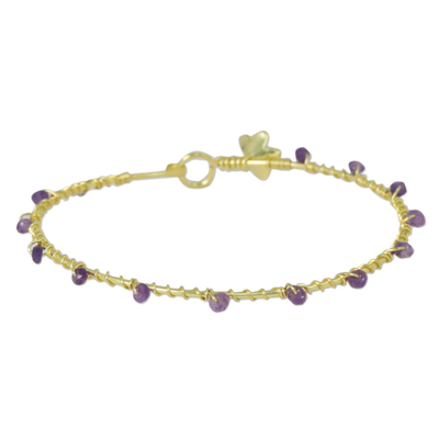 Gold plated amethyst bangle bracelet, 'Floral Berries' - Gold Plated Amethyst Floral Bangle Bracelet from Thailand