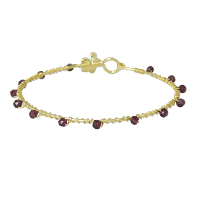 Gold plated garnet bangle bracelet, 'Floral Berries' - Gold Plated Garnet Floral Bangle Bracelet from Thailand