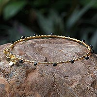 Gold plated onyx bangle bracelet, 'Floral Berries'