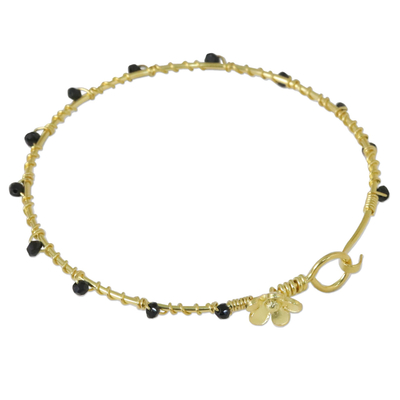 Gold plated onyx bangle bracelet, 'Floral Berries' - Gold Plated Onyx Floral Bangle Bracelet from Thailand