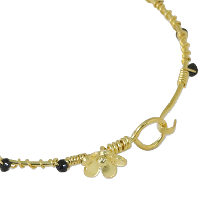 Gold plated onyx bangle bracelet, 'Floral Berries' - Gold Plated Onyx Floral Bangle Bracelet from Thailand