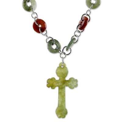 Jade cross pendant necklace, 'Circle of Faith' - Jade and Quartz Cross Pendant Necklace from Thailand