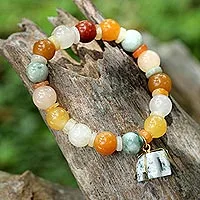 Jade and quartz beaded charm bracelet, 'Elephant Remembrance' - Beaded Jade and Quartz Bracelet with Elephant Charm