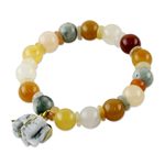 Jade and quartz beaded charm bracelet, 'Elephant Remembrance' - Beaded Jade and Quartz Bracelet with Elephant Charm