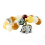 Jade and quartz beaded charm bracelet, 'Elephant Remembrance' - Beaded Jade and Quartz Bracelet with Elephant Charm