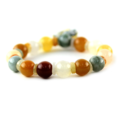 Jade and quartz beaded charm bracelet, 'Elephant Remembrance' - Beaded Jade and Quartz Bracelet with Elephant Charm