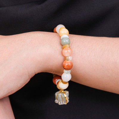Jade and quartz beaded charm bracelet, 'Elephant Remembrance' - Beaded Jade and Quartz Bracelet with Elephant Charm