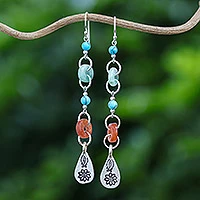 Pendientes colgantes de jade y cuarzo, 'Hill Tribe Melange' - Pendientes colgantes con cuentas con jade y plata Hill Tribe