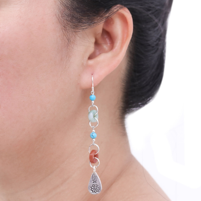 Jade and quartz dangle earrings, 'Hill Tribe Adventure' - Beaded Dangle Earrings with Jade and Hill Tribe Silver