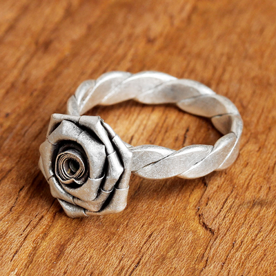Sterling silver cocktail ring, 'Petite Chic Rose' - Small Hill Tribe Floral Sterling Silver Ring from Thailand