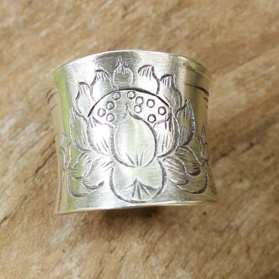 Sterling silver wrap ring, 'Lanna Lotus' - Sterling Silver Etched Lotus Wrap Ring from Thailand