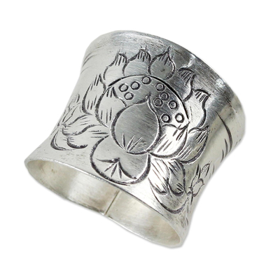 Sterling silver wrap ring, 'Lanna Lotus' - Sterling Silver Etched Lotus Wrap Ring from Thailand