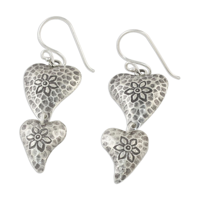 Sterling silver dangle earrings, 'Flowering Love' - Floral Heart-Shaped Sterling Silver Earrings from Thailand