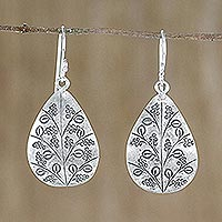 Sterling silver dangle earrings, 'Drops of Flowers' - Drop-Shaped Floral Sterling Silver Earrings from Thailand