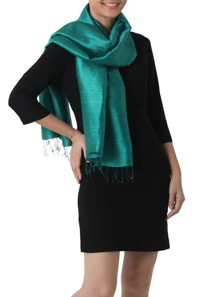 Silk shawl, 'Comforting Turquoise' - Handwoven Fringed Silk Shawl in Emerald from Thailand