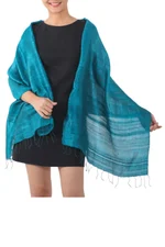 Silk shawl, 'Comforting Teal' - Handwoven Fringed Silk Shawl in Teal from Thailand