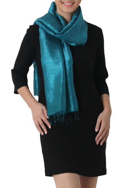 Silk shawl, 'Comforting Teal' - Handwoven Fringed Silk Shawl in Teal from Thailand