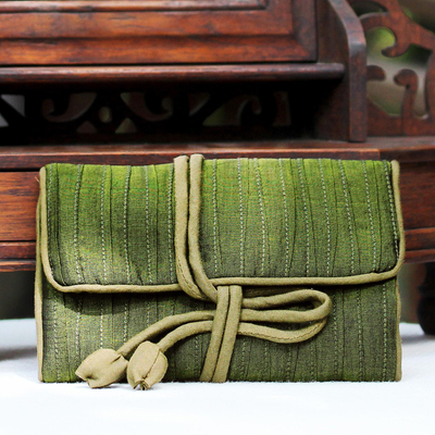 Silk blend jewelry roll, 'Enchanted Journey in Olive' - Hand Woven Silk and Rayon Blend Thai Jewelry Roll in Olive
