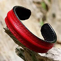 Leather cuff bracelet, 'Simply Red' - Hand Crafted Unisex Red Leather Cuff Bracelet from Thailand