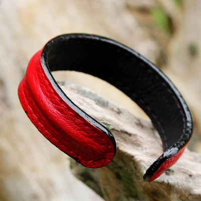 Leather cuff bracelet, 'Simply Red' - Hand Crafted Unisex Red Leather Cuff Bracelet from Thailand