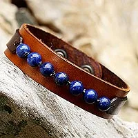 Pulsera de pulsera de lapislázuli para hombre, 'Rock Party' - Pulsera de pulsera tailandesa de lapislázuli y cuero para hombre