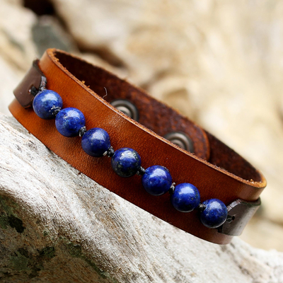Men's lapis lazuli wristband bracelet, 'Rock Party' - Men's Lapis Lazuli and Leather Thai Wristband Bracelet