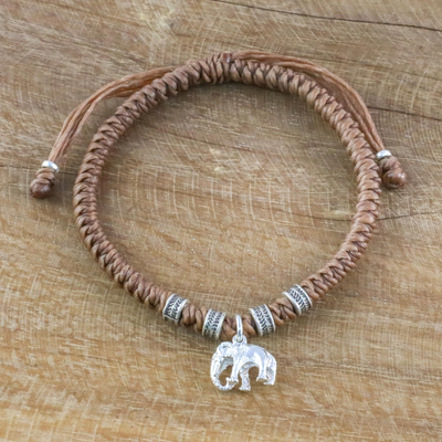 Silver wristband bracelet, 'Wondrous Elephant in Tan' - Karen Silver Elephant Bracelet in Tan from Thailand
