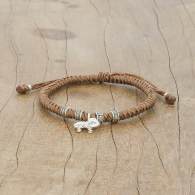 Silver wristband bracelet, 'Wondrous Elephant in Tan' - Karen Silver Elephant Bracelet in Tan from Thailand