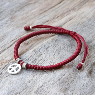 Silver wristband bracelet, 'Peaceful Charm in Red' - Karen Silver Peace Wristband Bracelet in Red from Thailand