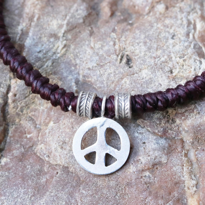 Macrame silver charm bracelet, 'Peaceful Charm in Maroon' - Karen Silver Peace Bracelet in Maroon from Thailand