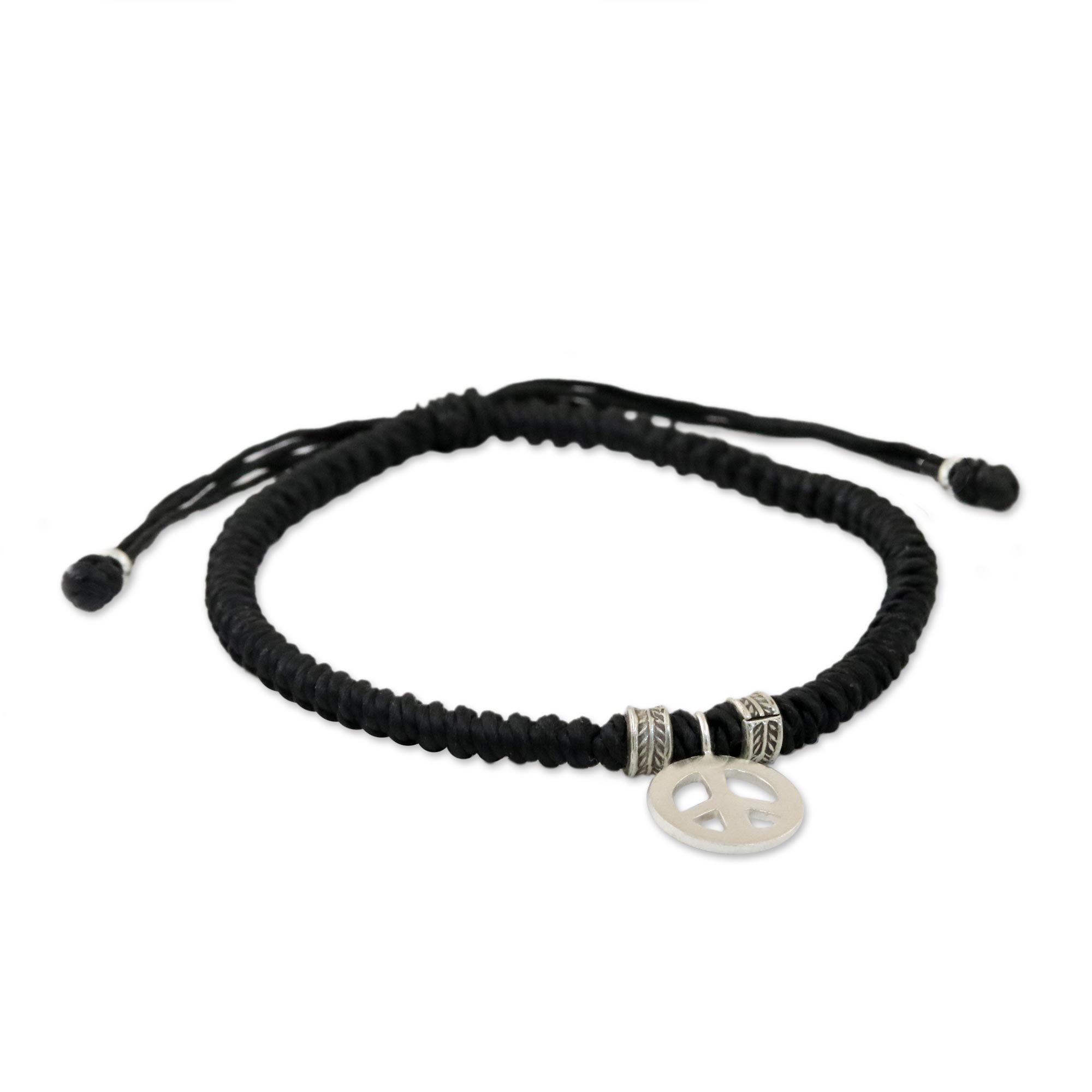 Karen Silver Peace Wristband Bracelet in Black from Thailand - Peaceful ...
