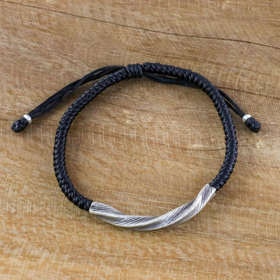 Silver wristband bracelet, 'Karen Twist in Black' - Karen Silver Wristband Bracelet in Black from Thailand