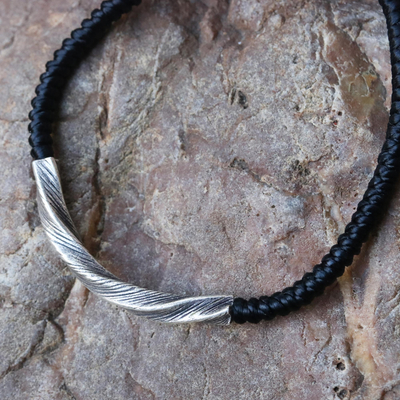 Silver wristband bracelet, 'Karen Twist in Black' - Karen Silver Wristband Bracelet in Black from Thailand