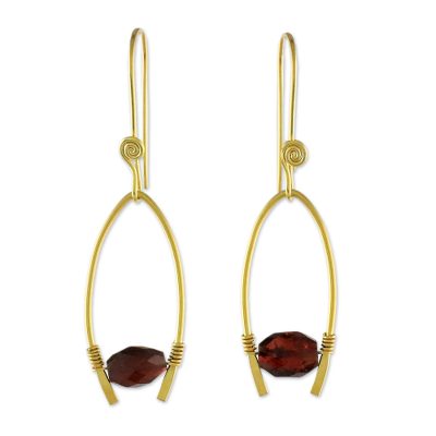 Gold plated garnet dangle earrings, 'Enchanted Arches' - Gold Plated Garnet Arch Dangle Earrings from Thailand