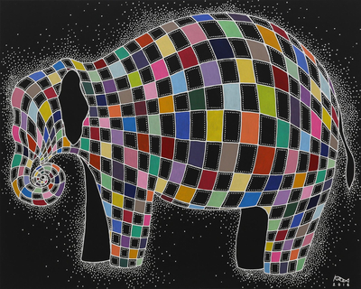 'Fantasy Elephant' - Signed Multicolored Cubist Painting of an Elephant