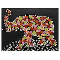'Happy Time' - Signed Multicolored Cubist Painting of an Elephant