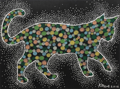 'Walk Around' - Signed Multicolored Cubist Painting of a Cat from Thailand