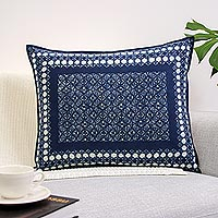 Cotton batik cushion cover, 'Indigo Floral Mosaic' - Indigo Floral Batik Mosaic on Handmade Cotton Cushion Cover