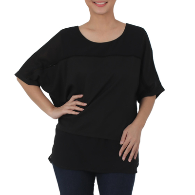 Chiffon blouse, 'Beautiful Day in Black' - Semi Sheer Black Chiffon Blouse from Thailand
