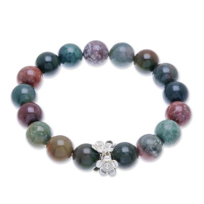 Agate beaded stretch bracelet, 'Intersection' - Beaded Agate and Karen Silver Bracelet from Thailand
