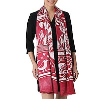 Batik rayon scarf, 'Bird Home in Cherry' - Batik Painted Bird Rayon Scarf in Cherry from Thailand