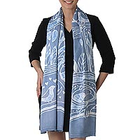 Batik rayon scarf, 'Bird Home in Cadet Blue'