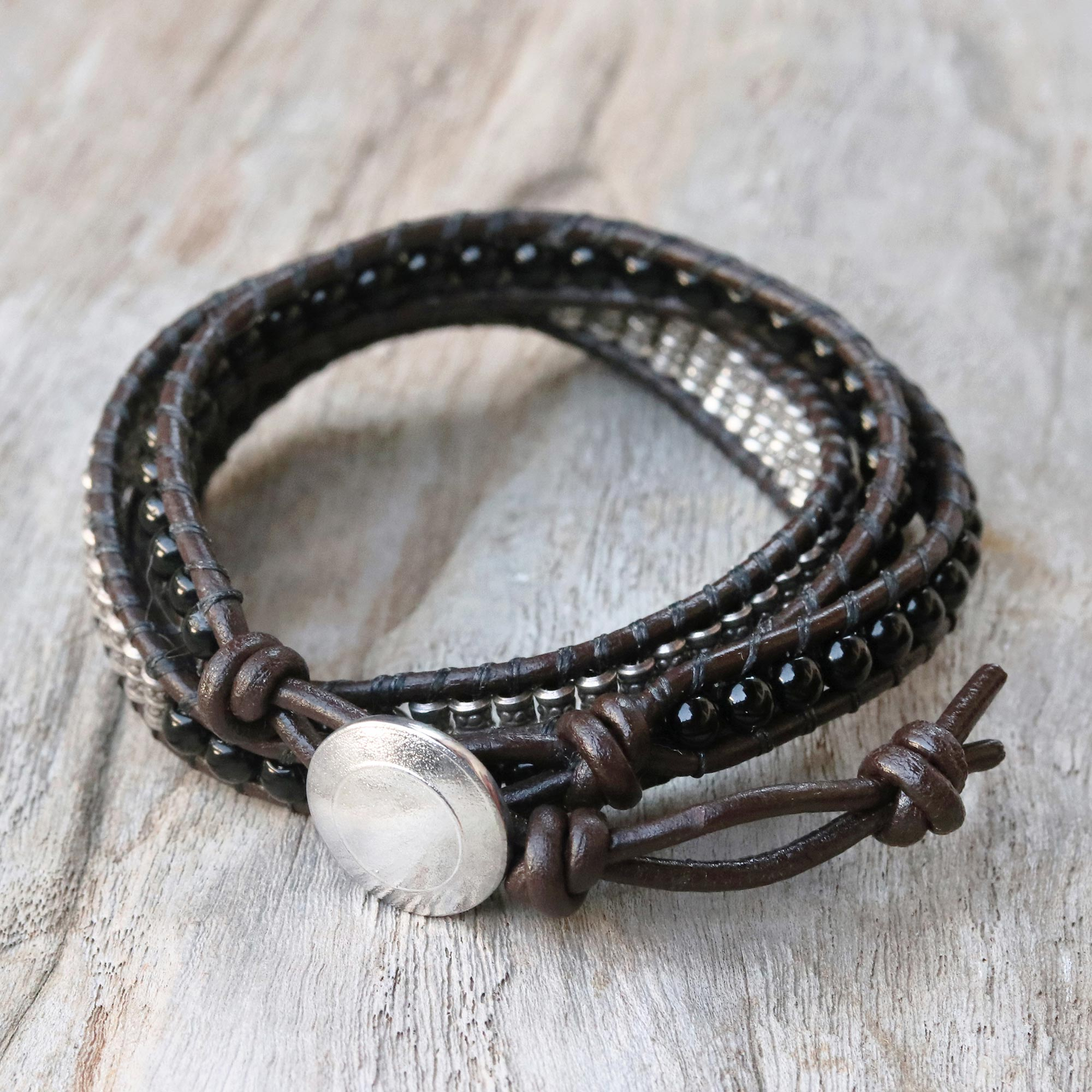 Onyx Karen Silver and Leather Wrap Bracelet from Thailand - Karen ...